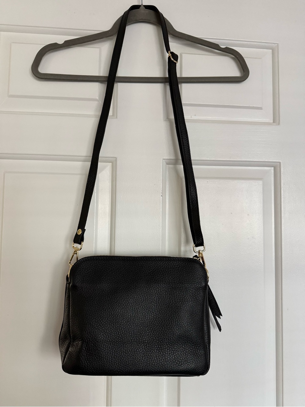 Leather Black Pebbled Crossbody Bag with Gold Logo Accent